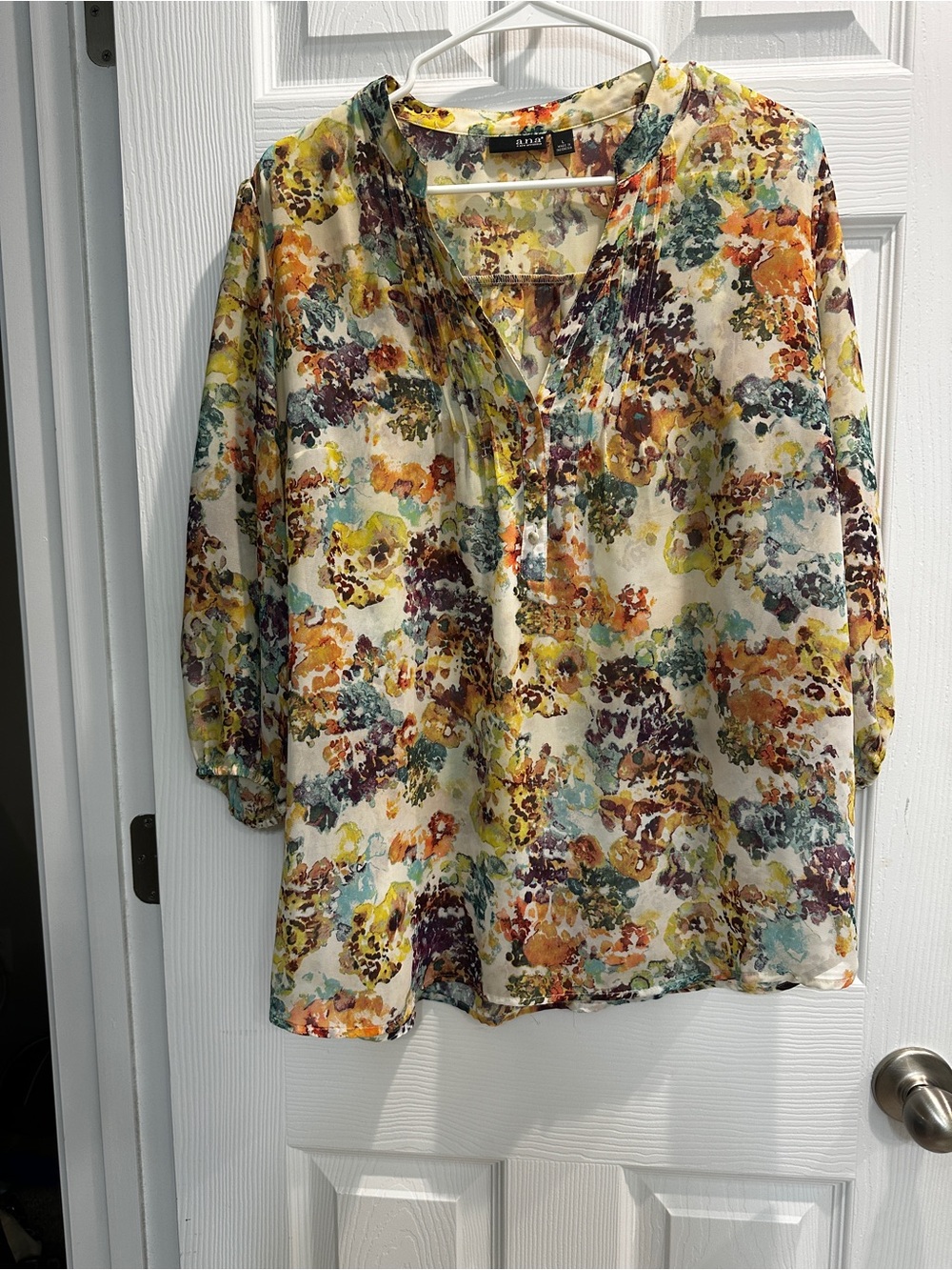 a.n.a Floral V-Neck Tunic Top - Cream, Yellow, Orange, Teal, Plum